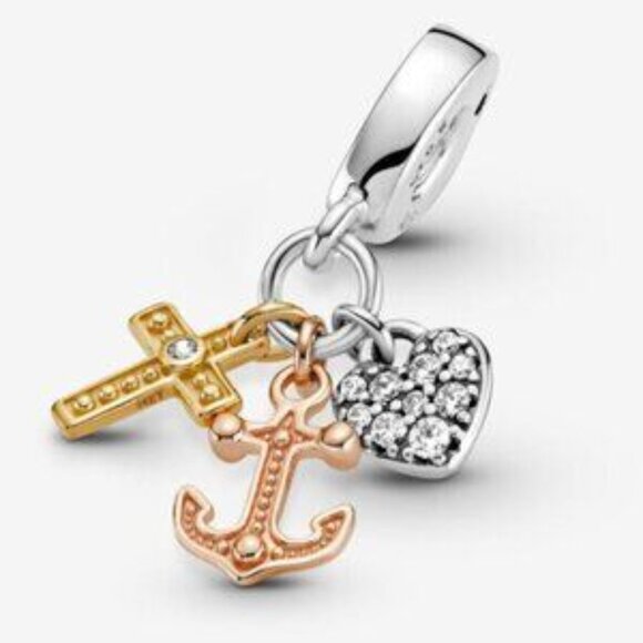 Pandora Triple-tone Cross, Heart, & Anchor Dangle Charm - Picture 3 of 4